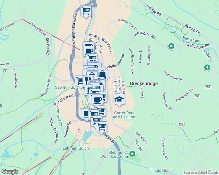 map of restaurants, bars, coffee shops, grocery stores, and more near 300 Washington Avenue in Breckenridge