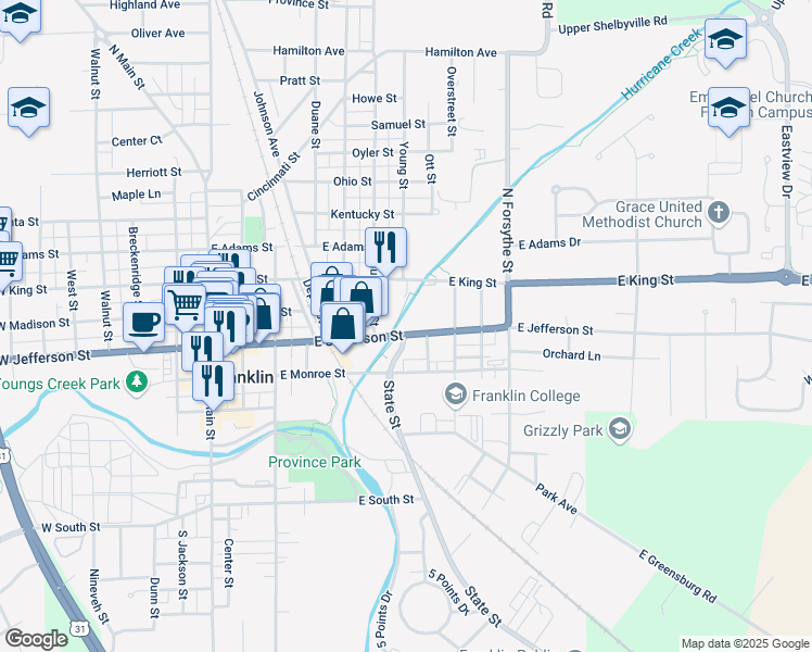 map of restaurants, bars, coffee shops, grocery stores, and more near 600 East Jefferson Street in Franklin