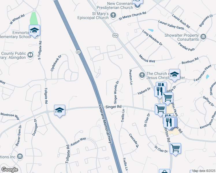 map of restaurants, bars, coffee shops, grocery stores, and more near 309 Laurel Woods Drive in Abingdon