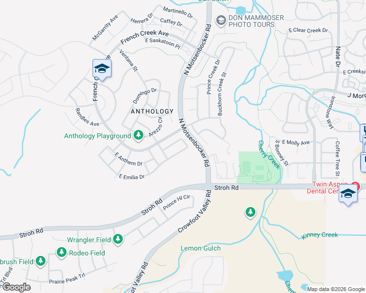 map of restaurants, bars, coffee shops, grocery stores, and more near 12984 Banyon Circle in Parker