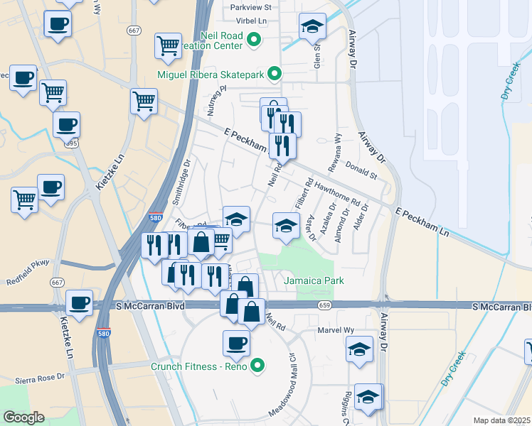 map of restaurants, bars, coffee shops, grocery stores, and more near 34 Neil Road in Reno