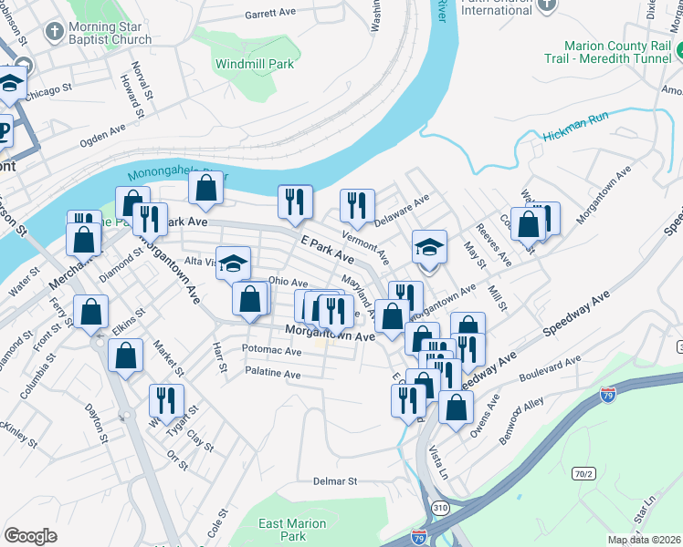 map of restaurants, bars, coffee shops, grocery stores, and more near 707 East Park Avenue in Fairmont