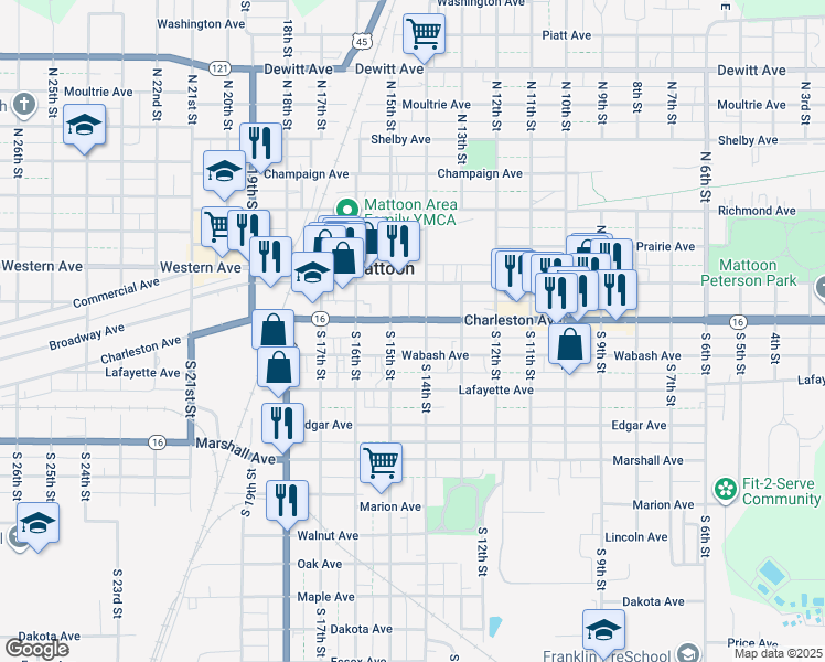 map of restaurants, bars, coffee shops, grocery stores, and more near 82 South 14th Street in Mattoon