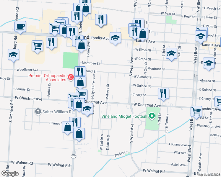 map of restaurants, bars, coffee shops, grocery stores, and more near 75 Melrose Street in Vineland
