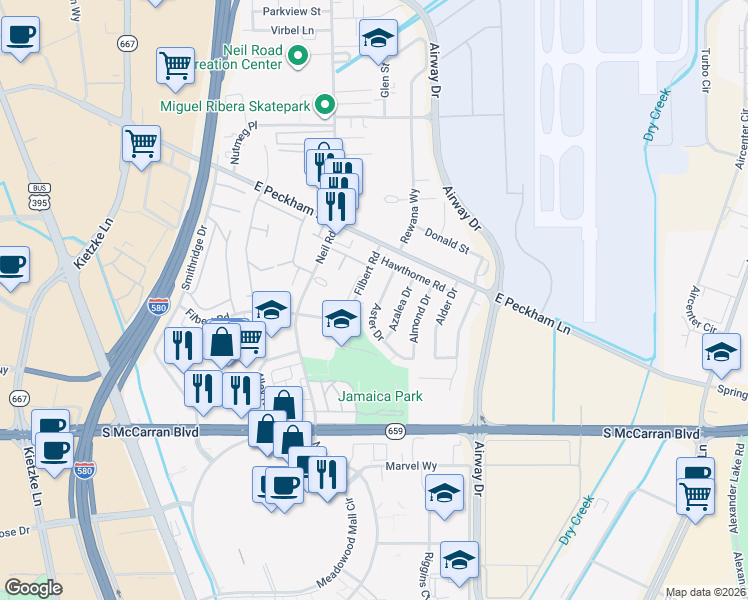 map of restaurants, bars, coffee shops, grocery stores, and more near 4550 Aster Drive in Reno
