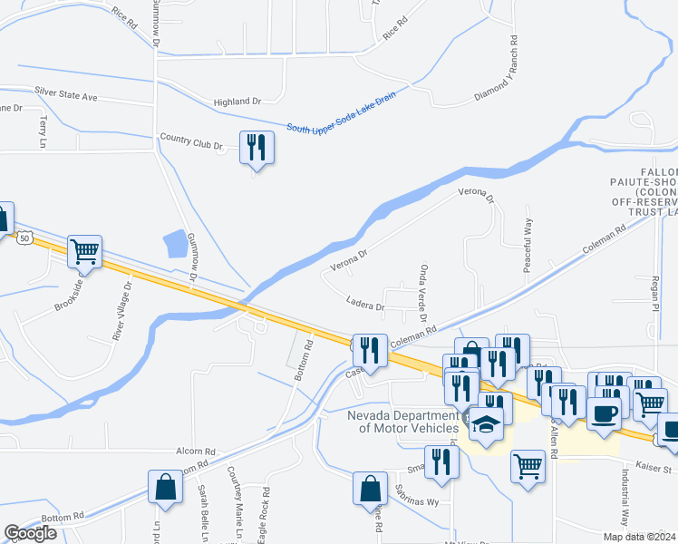 map of restaurants, bars, coffee shops, grocery stores, and more near 2607 Verona Drive in Fallon