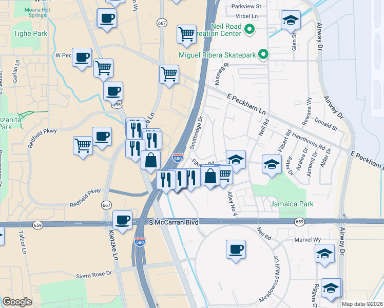 map of restaurants, bars, coffee shops, grocery stores, and more near 493 Smithridge Drive in Reno