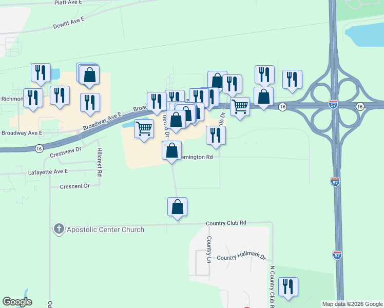 map of restaurants, bars, coffee shops, grocery stores, and more near 905 Remington Road in Mattoon
