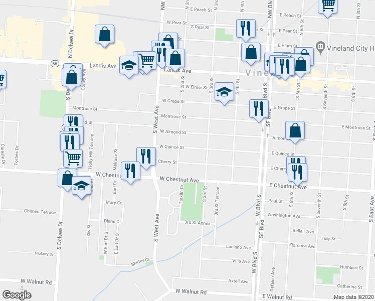 map of restaurants, bars, coffee shops, grocery stores, and more near 213 West Quince Street in Vineland