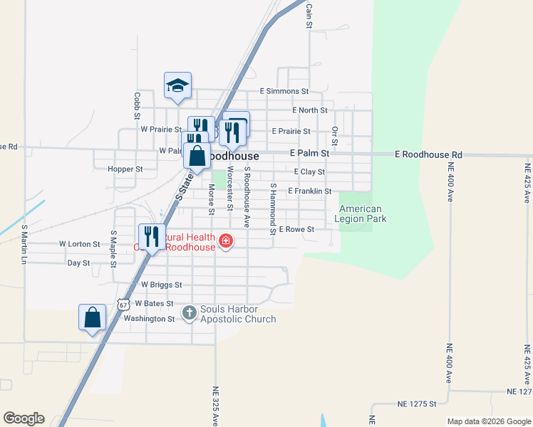 map of restaurants, bars, coffee shops, grocery stores, and more near 101-199 East Randolph Street in Roodhouse