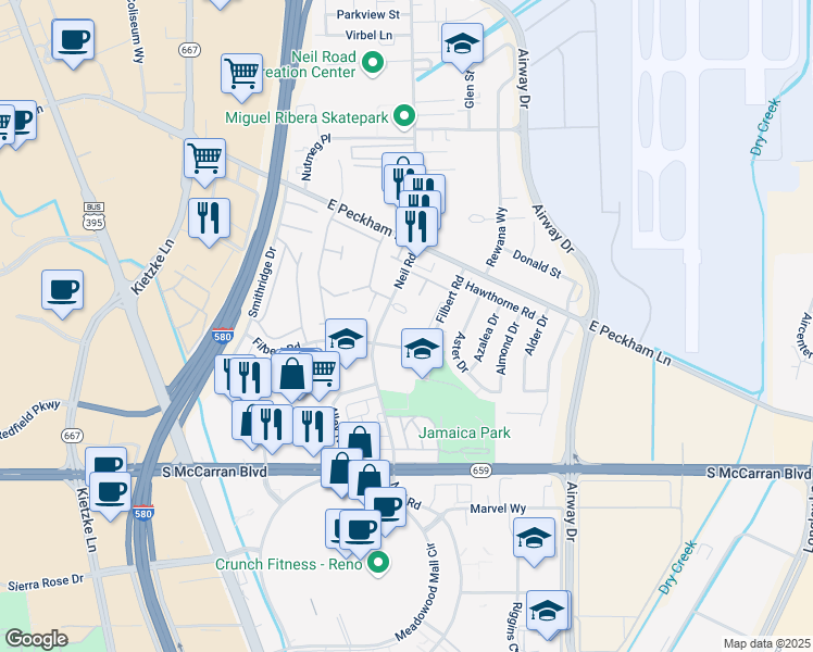 map of restaurants, bars, coffee shops, grocery stores, and more near 34 Neil Road in Reno