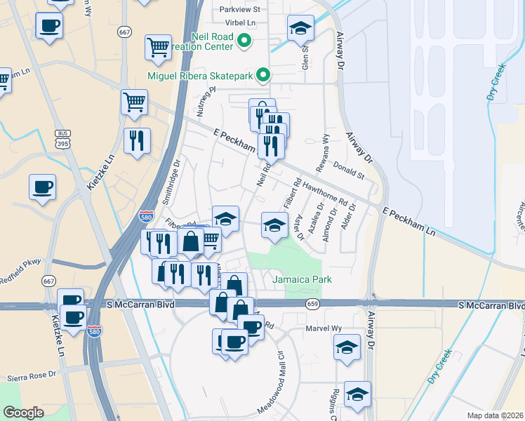 map of restaurants, bars, coffee shops, grocery stores, and more near 34 Neil Road in Reno