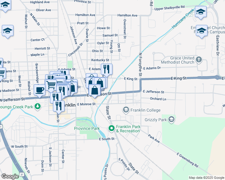 map of restaurants, bars, coffee shops, grocery stores, and more near 600 East Jefferson Street in Franklin