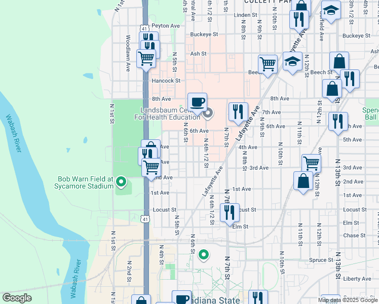 map of restaurants, bars, coffee shops, grocery stores, and more near 1232 North 6th Street in Terre Haute