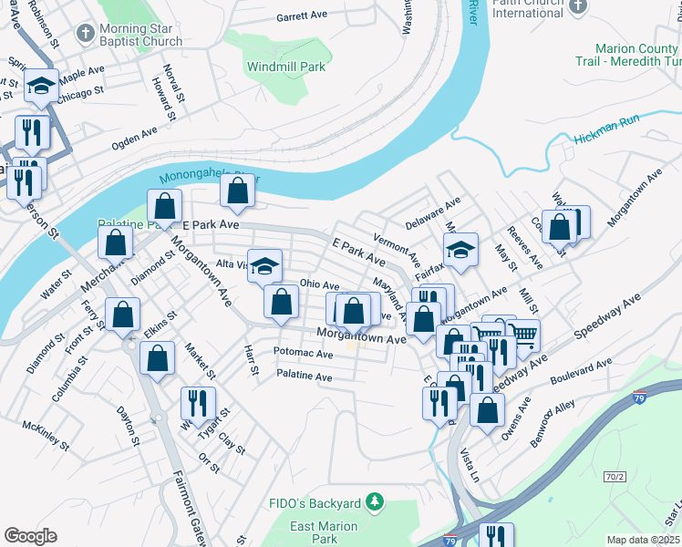 map of restaurants, bars, coffee shops, grocery stores, and more near 616 Maryland Avenue in Fairmont