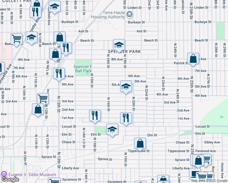 map of restaurants, bars, coffee shops, grocery stores, and more near 1618 4th Avenue in Terre Haute