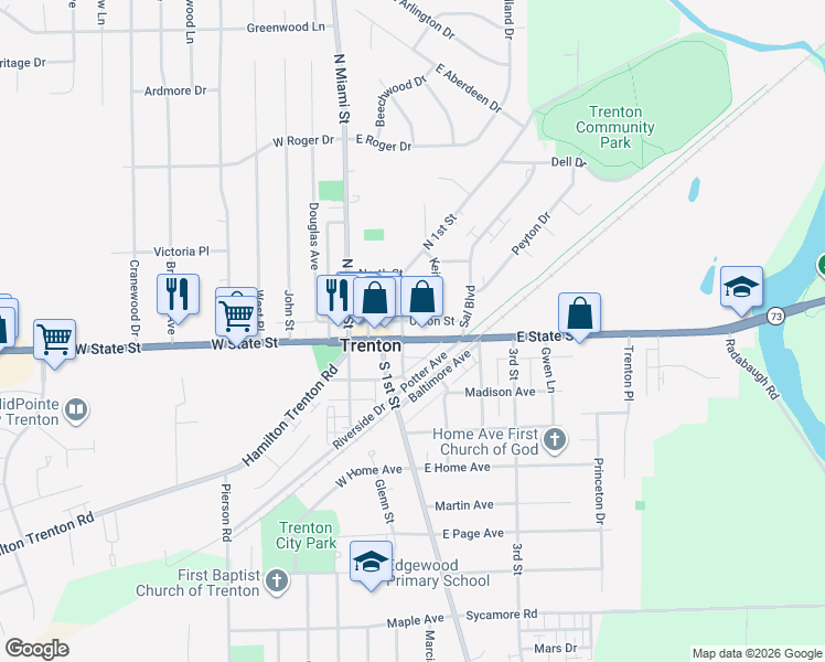 map of restaurants, bars, coffee shops, grocery stores, and more near 210 East State Street in Trenton