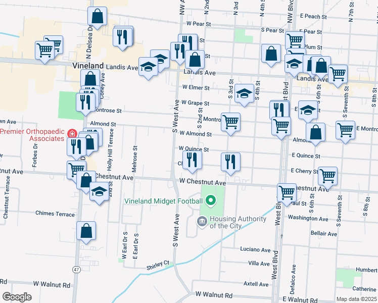 map of restaurants, bars, coffee shops, grocery stores, and more near 125 West Quince Street in Vineland