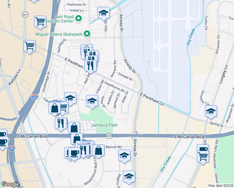 map of restaurants, bars, coffee shops, grocery stores, and more near 4481 Almond Drive in Reno
