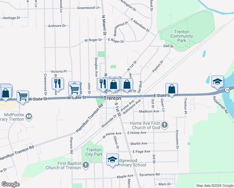 map of restaurants, bars, coffee shops, grocery stores, and more near in Trenton