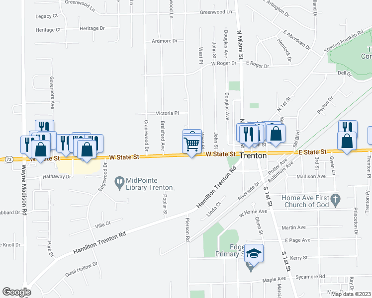 map of restaurants, bars, coffee shops, grocery stores, and more near 107 Clara Drive in Trenton