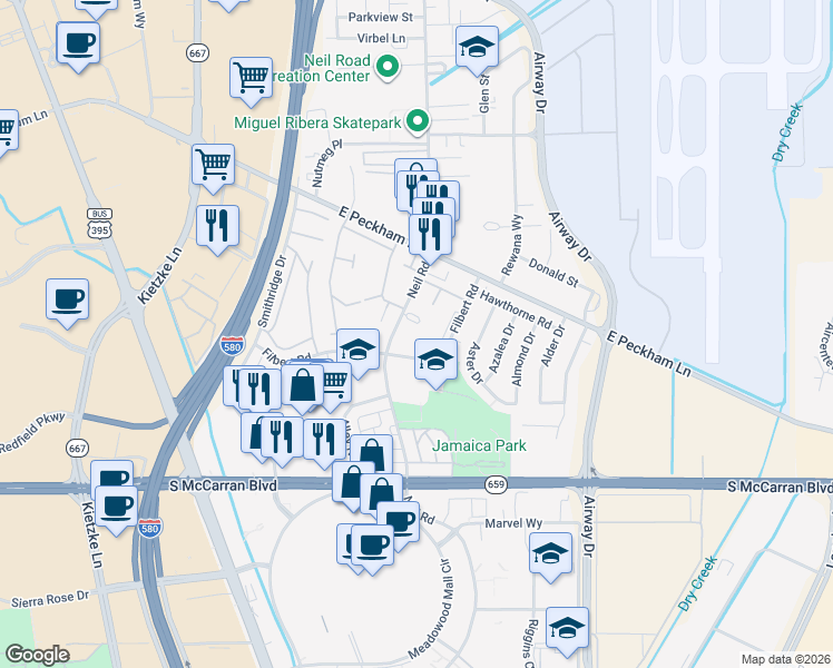 map of restaurants, bars, coffee shops, grocery stores, and more near 34 Neil Road in Reno