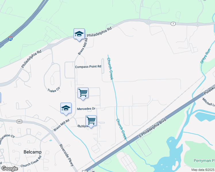map of restaurants, bars, coffee shops, grocery stores, and more near 4606 Appliance Drive in Belcamp