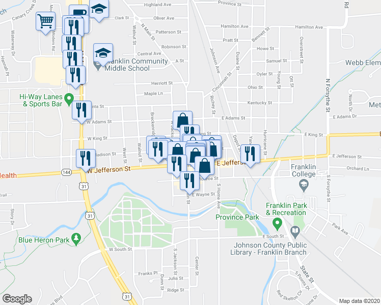 map of restaurants, bars, coffee shops, grocery stores, and more near 99 North Main Street in Franklin