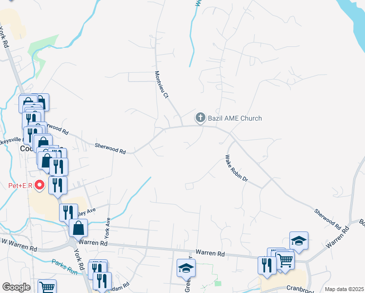 map of restaurants, bars, coffee shops, grocery stores, and more near 20 Clarion Court in Cockeysville