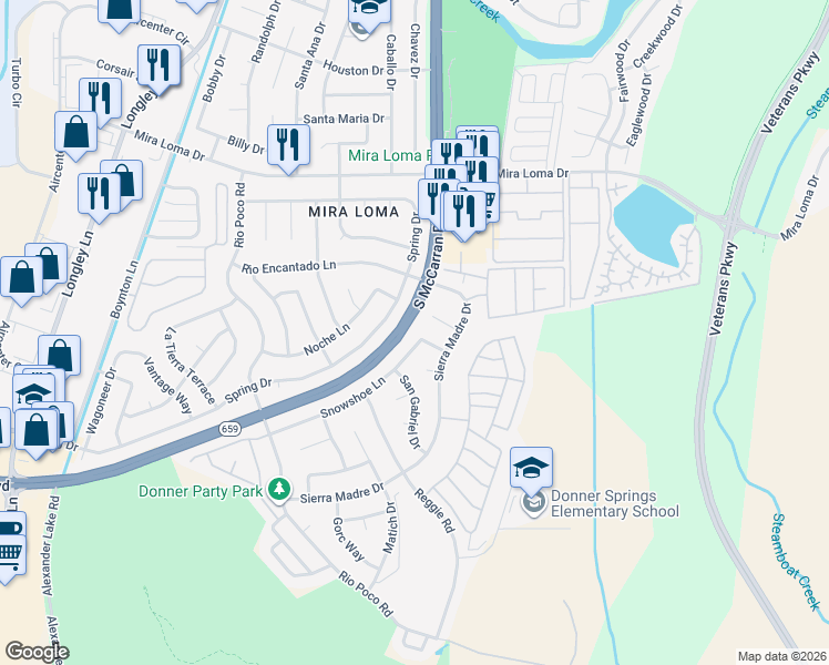 map of restaurants, bars, coffee shops, grocery stores, and more near 4740 Spring Drive in Reno