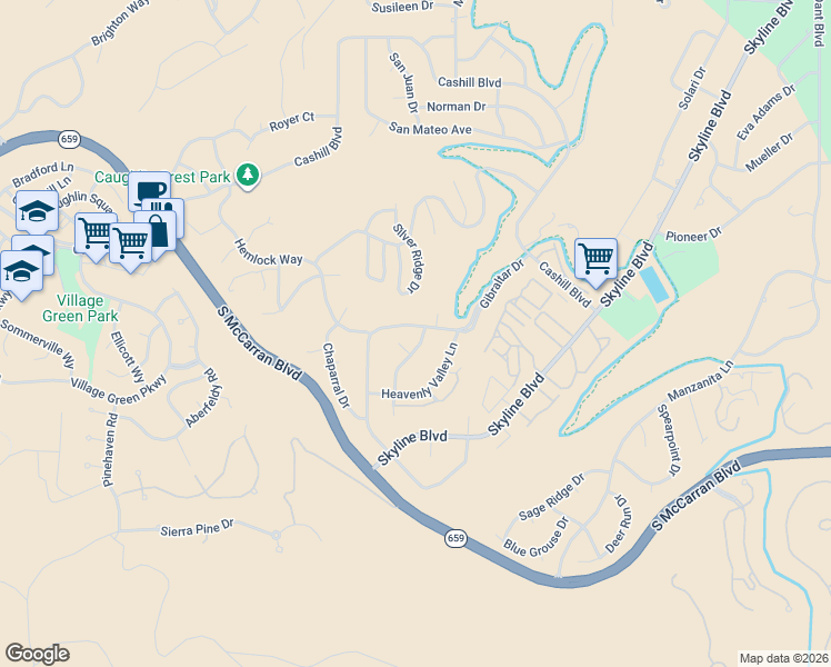 map of restaurants, bars, coffee shops, grocery stores, and more near 3605 Falcon Way in Reno