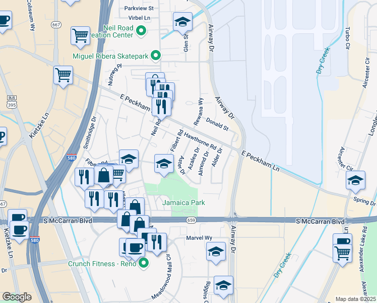 map of restaurants, bars, coffee shops, grocery stores, and more near 4550 Aster Drive in Reno