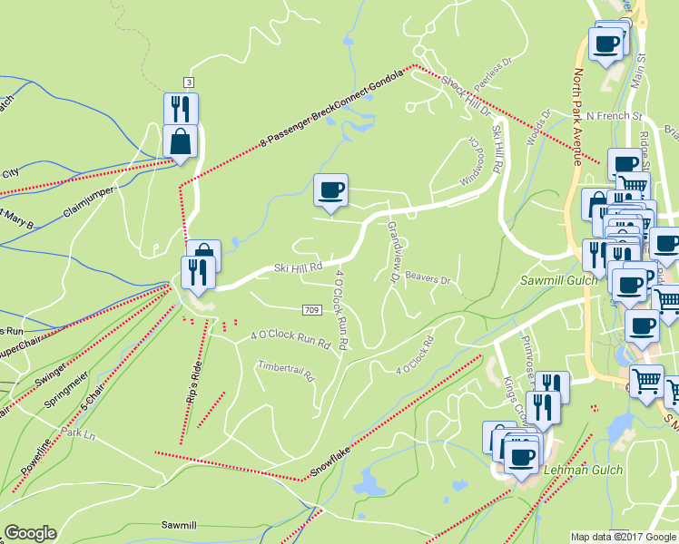 map of restaurants, bars, coffee shops, grocery stores, and more near 43 4 O'Clock Run Road in Breckenridge