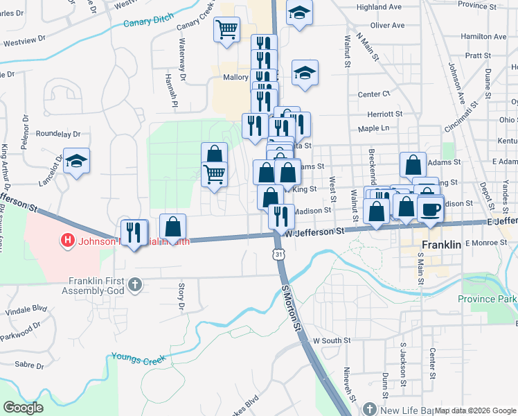map of restaurants, bars, coffee shops, grocery stores, and more near 750 West Madison Street in Franklin