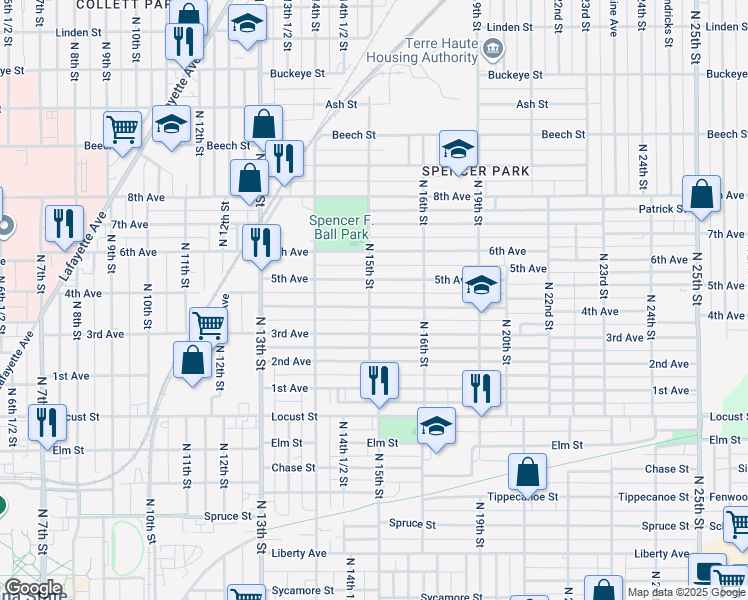 map of restaurants, bars, coffee shops, grocery stores, and more near 1500 4th Avenue in Terre Haute