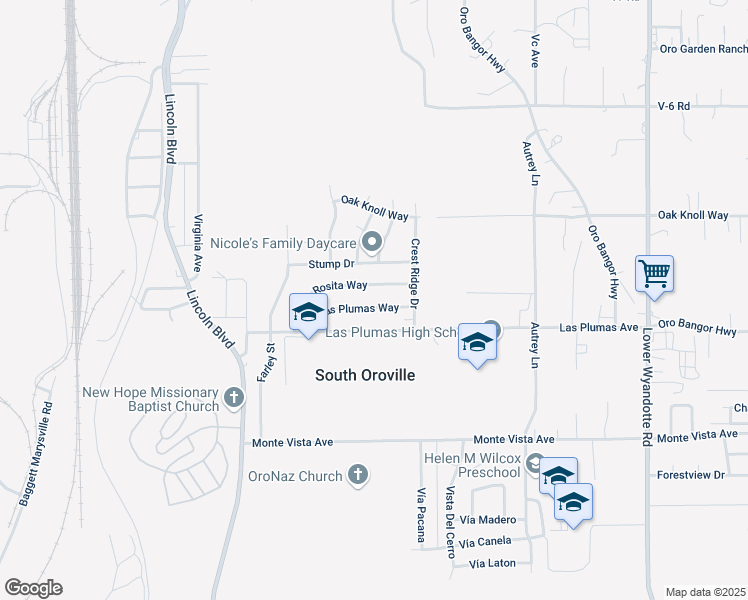 map of restaurants, bars, coffee shops, grocery stores, and more near 28 Las Plumas Way in Oroville