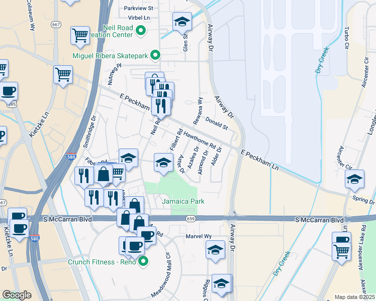 map of restaurants, bars, coffee shops, grocery stores, and more near 4550 Aster Drive in Reno