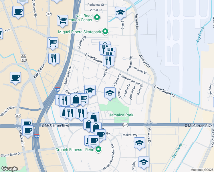 map of restaurants, bars, coffee shops, grocery stores, and more near 34 Neil Road in Reno