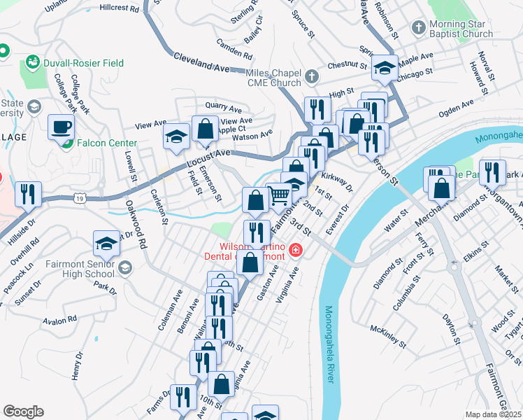 map of restaurants, bars, coffee shops, grocery stores, and more near 7 Albert Court in Fairmont