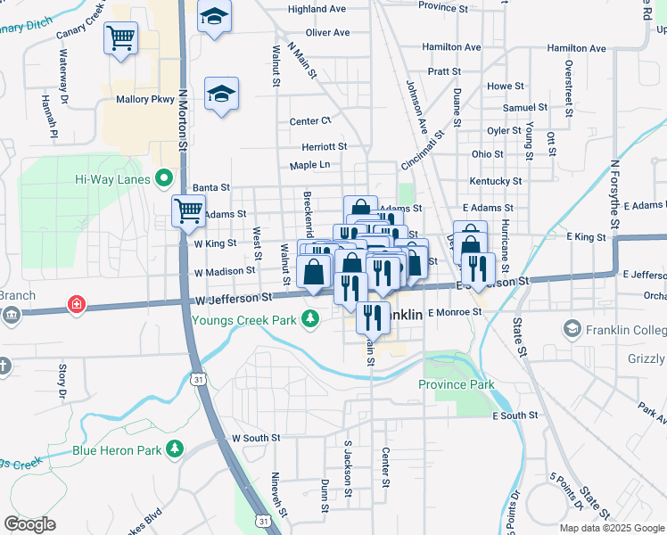 map of restaurants, bars, coffee shops, grocery stores, and more near 101 North Jackson Street in Franklin