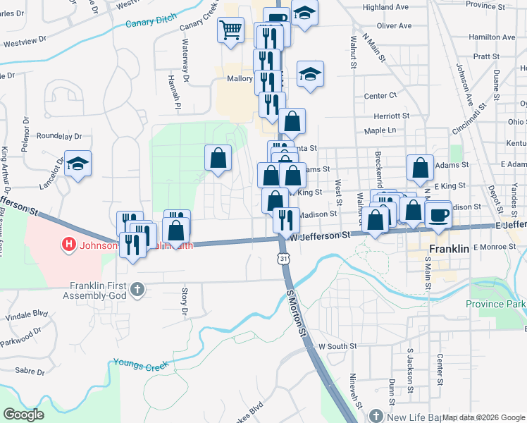 map of restaurants, bars, coffee shops, grocery stores, and more near 750 West Madison Street in Franklin