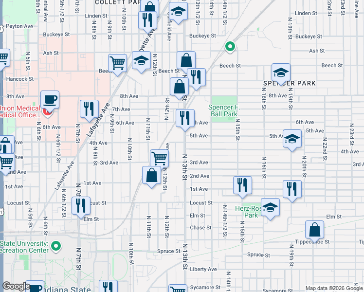map of restaurants, bars, coffee shops, grocery stores, and more near in Terre Haute