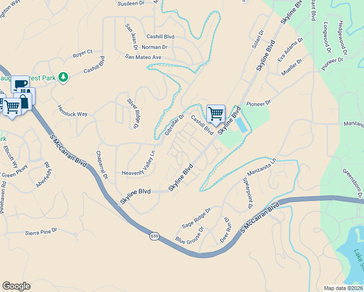 map of restaurants, bars, coffee shops, grocery stores, and more near 3125 Villa Marbella Circle in Reno