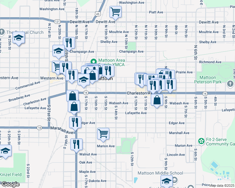 map of restaurants, bars, coffee shops, grocery stores, and more near 82 South 14th Street in Mattoon