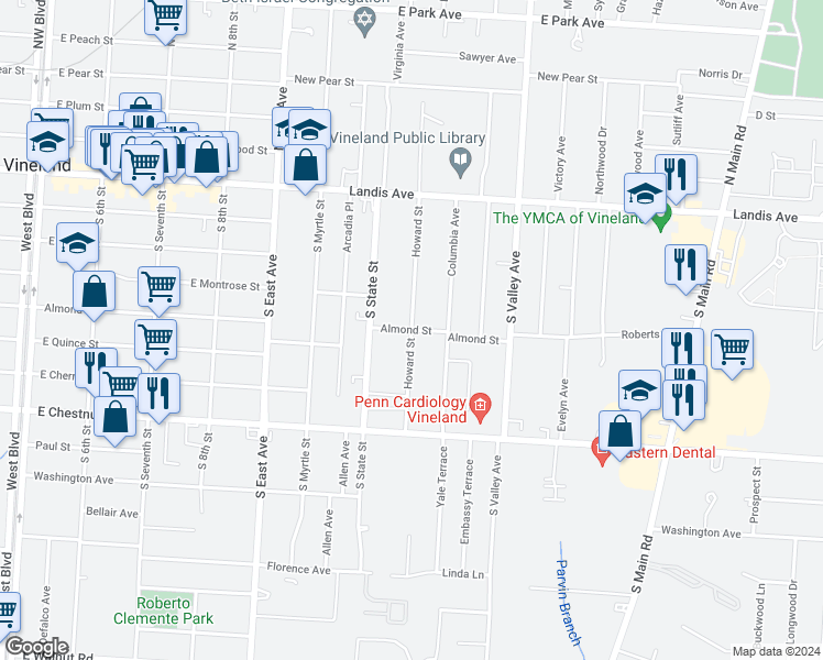 map of restaurants, bars, coffee shops, grocery stores, and more near Howard Street in Vineland