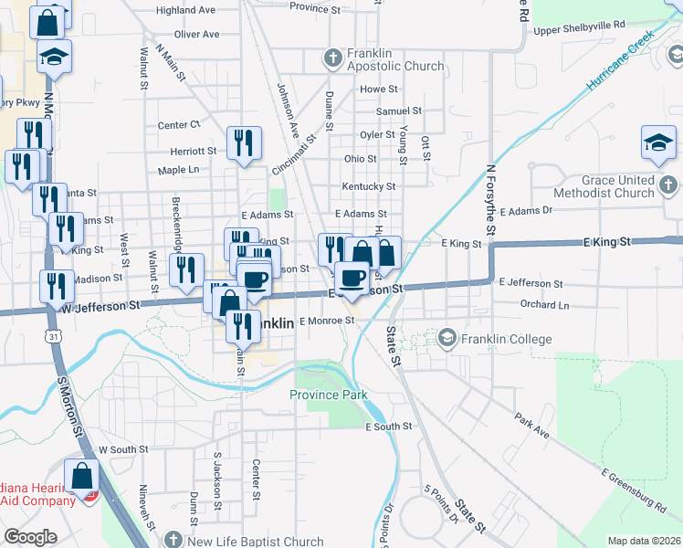map of restaurants, bars, coffee shops, grocery stores, and more near 365 East Madison Street in Franklin
