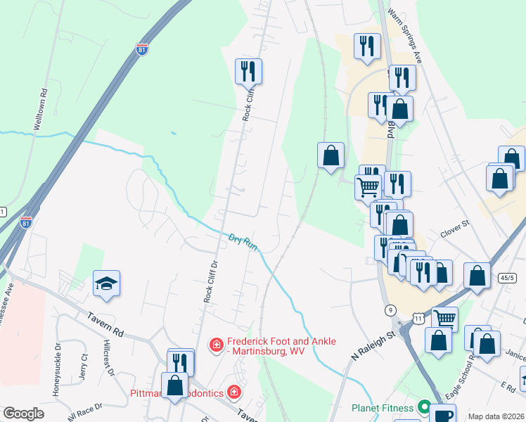 map of restaurants, bars, coffee shops, grocery stores, and more near 4 Tanbridge Drive in Martinsburg