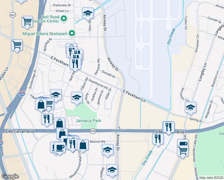 map of restaurants, bars, coffee shops, grocery stores, and more near 4430 Alder Drive in Reno