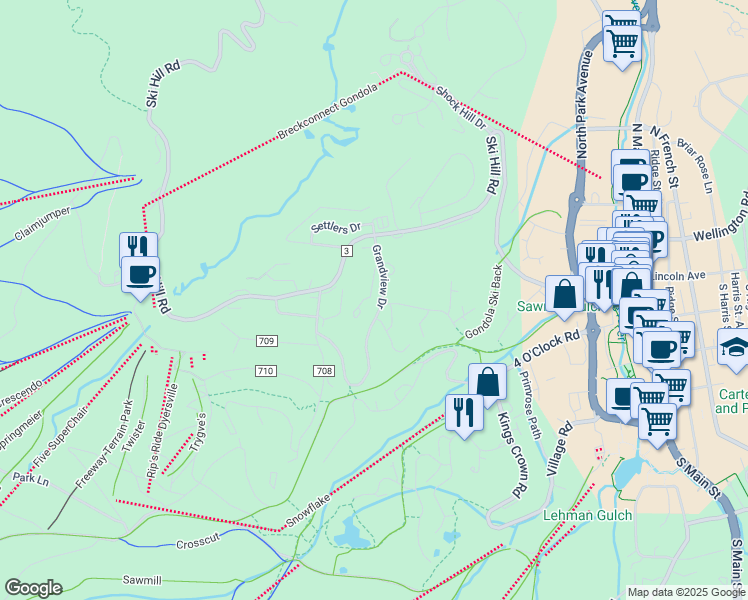 map of restaurants, bars, coffee shops, grocery stores, and more near 349 Park Forest Drive in Breckenridge
