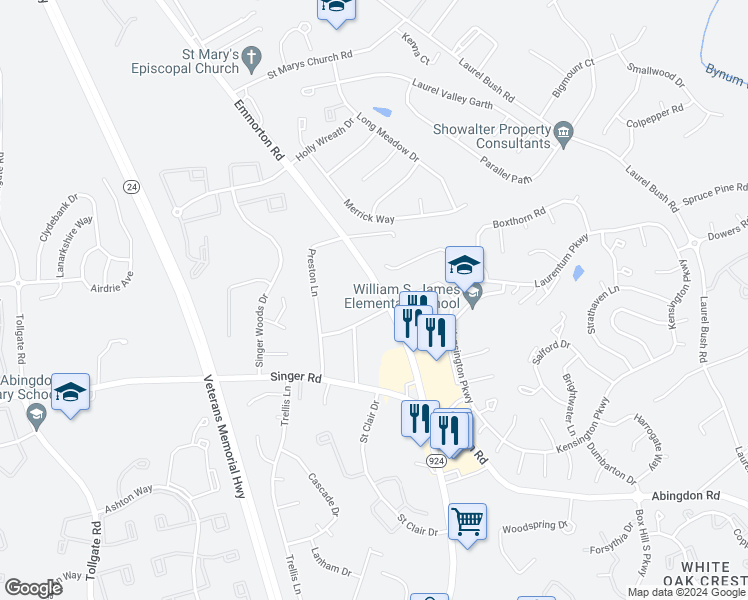 map of restaurants, bars, coffee shops, grocery stores, and more near 2812 Emmorton Road in Abingdon
